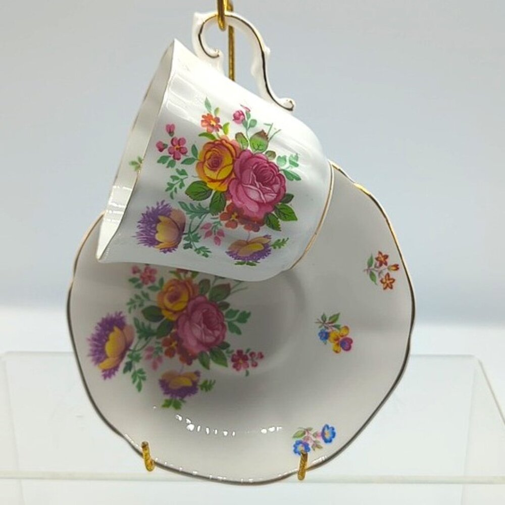 Royal Grafton Teacup & Saucer Fine Bone China Made in England Floral Gold Trim